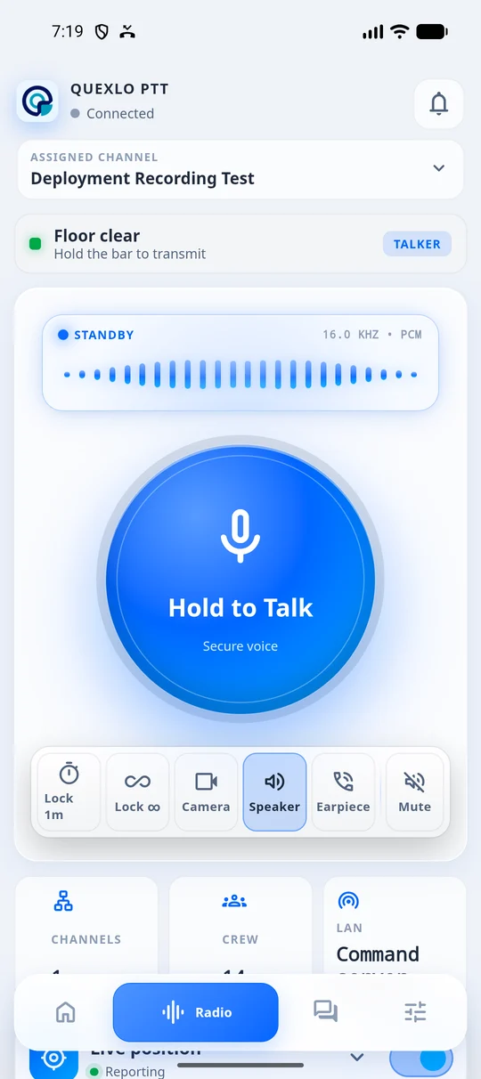 QUEXLO PTT push-to-talk radio screen